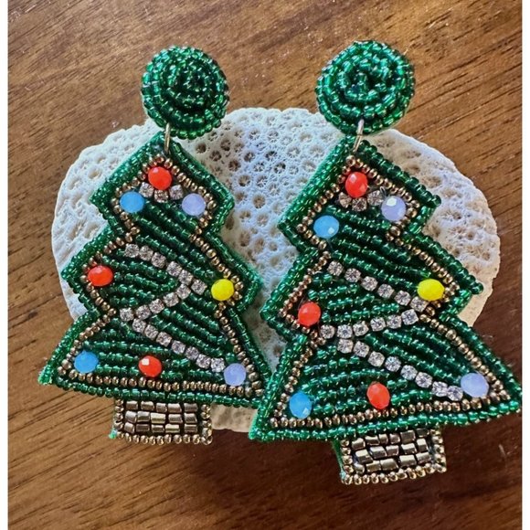 Beaded Christmas Tree Earrings Handmade embellished Ornaments Dangle Pos… - Picture 8 of 12
